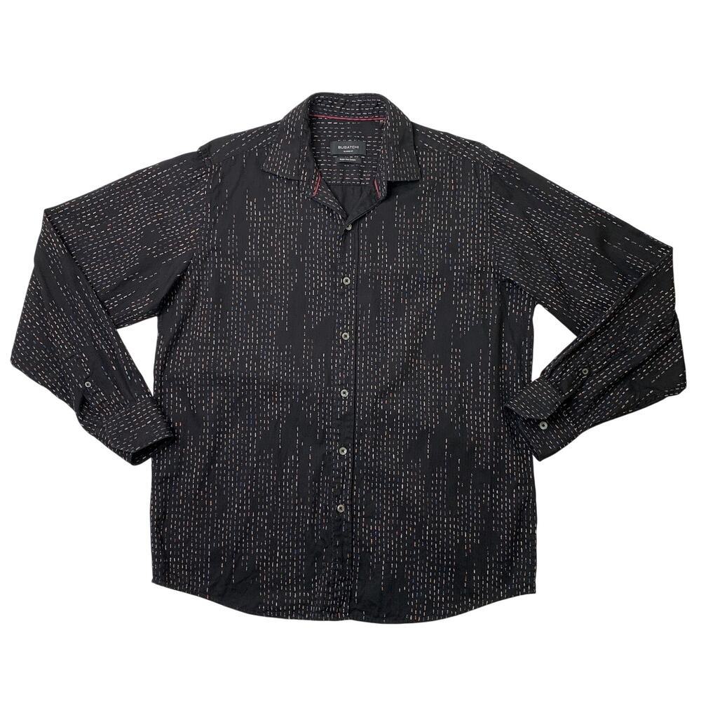 Bugatchi Shirt Mens M Medium Black Classic Fit Super Fine Cotton Dashed Striped